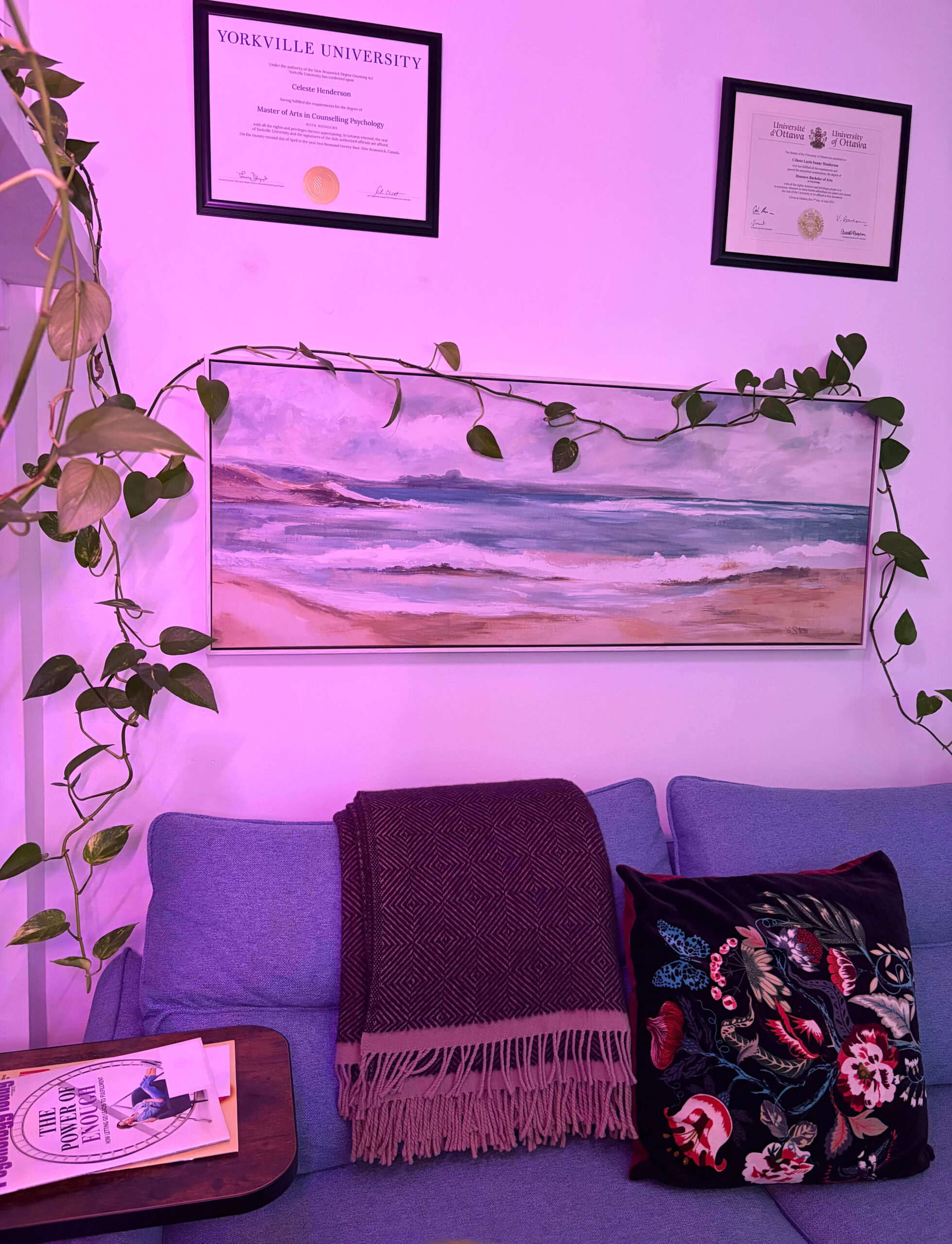 Dirty Laundry Therapy office space in pink lighting.